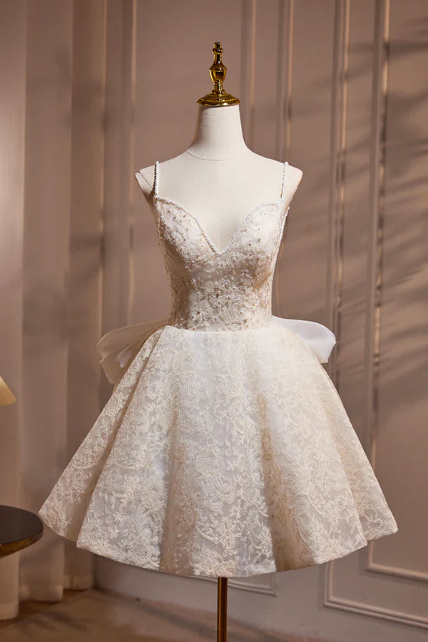 Wholesale Light Champagne V-Neck Lace Short Prom Dress A-Line Spaghetti Straps Backless Party Dress with Bow